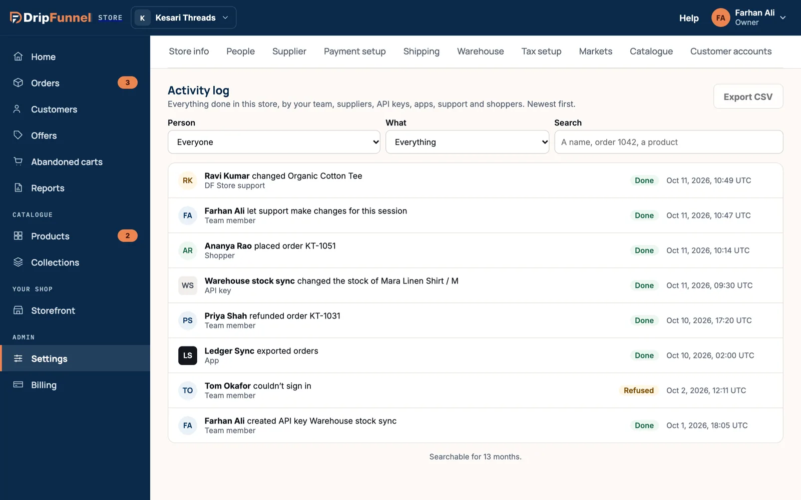 Settings, Activity log. Filters for Person, What and Search sit above a list of entries, each with a name, what they did, the kind of person such as Team member, Shopper, API key or App, a Done or Refused label and the time. An Export CSV button is at the top right.
