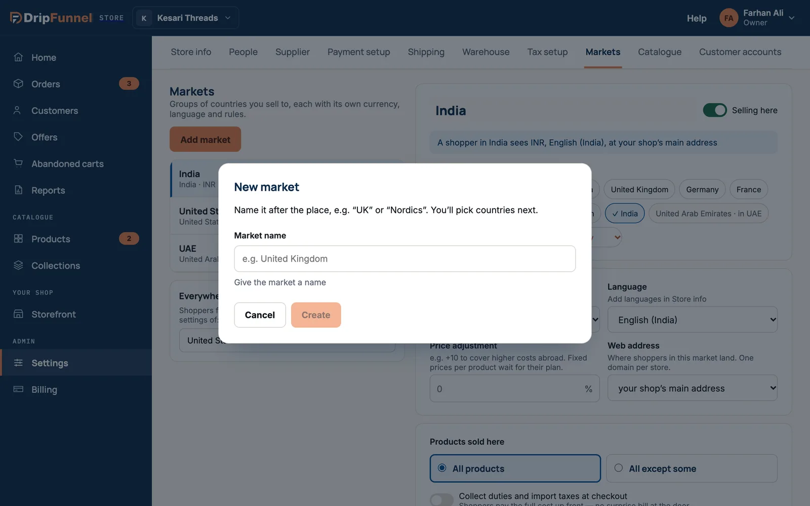 The New market dialog asking for a Market name, with the hint to name it after the place, and Cancel and Create buttons.