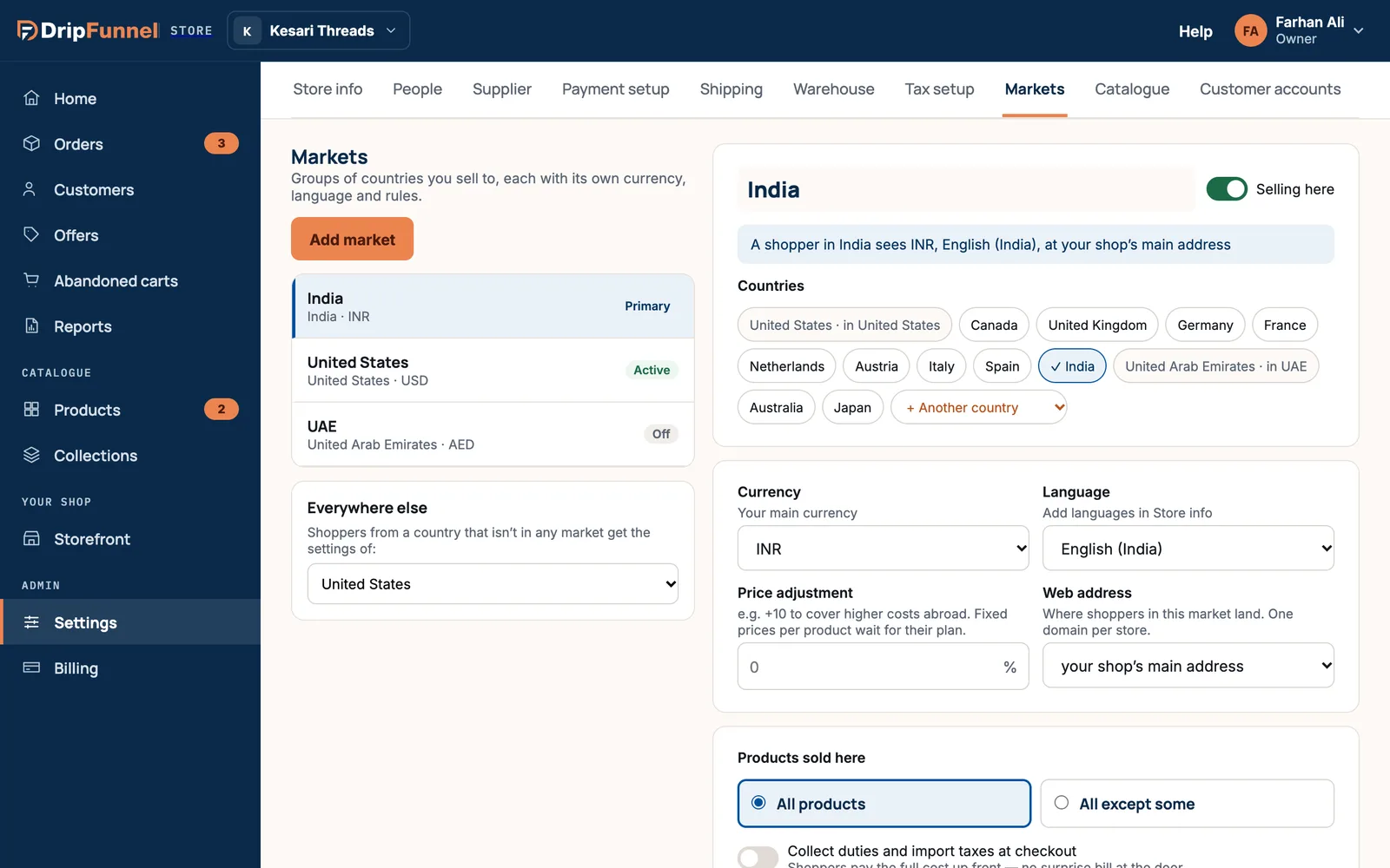 Settings › Markets with India, United States and UAE markets listed on the left and the India market open on the right, showing its countries, Selling here switch, currency, language, price adjustment, web address and products sold here.