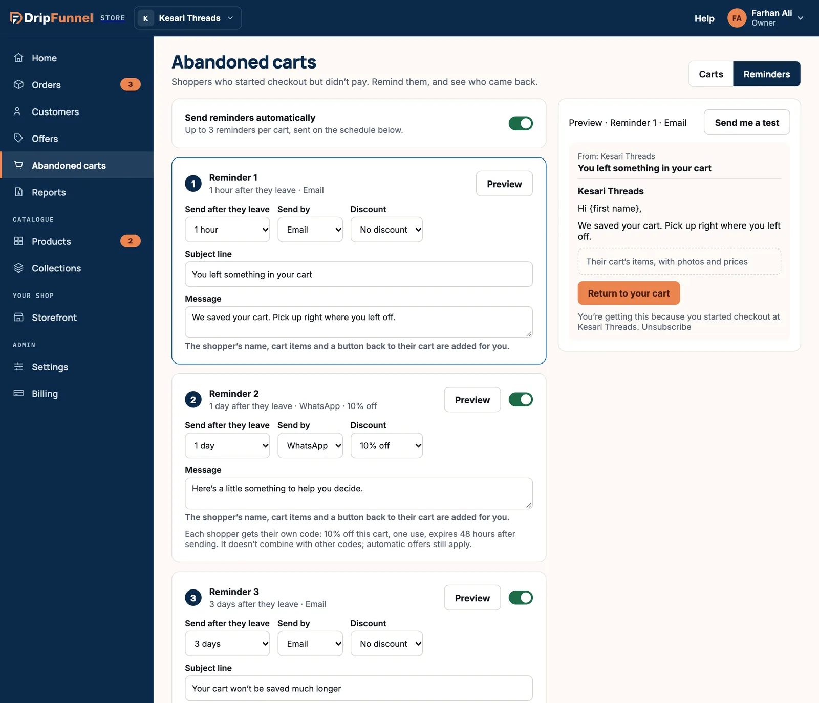 The Reminders tab with Send reminders automatically switched on, and three reminders. Reminder 1 goes 1 hour after they leave by email with no discount; Reminder 2 goes 1 day after by WhatsApp with 10% off; Reminder 3 goes 3 days after by email. A preview of the first email is on the right with a Send me a test button.