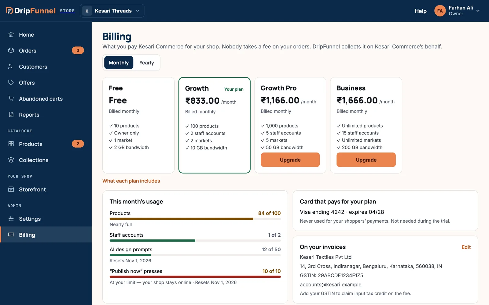 The Billing page: a Monthly and Yearly switch, plan cards for Free, Growth (marked Your plan), Growth Pro and Business with Upgrade buttons, and cards for This month’s usage, Card that pays for your plan and On your invoices.