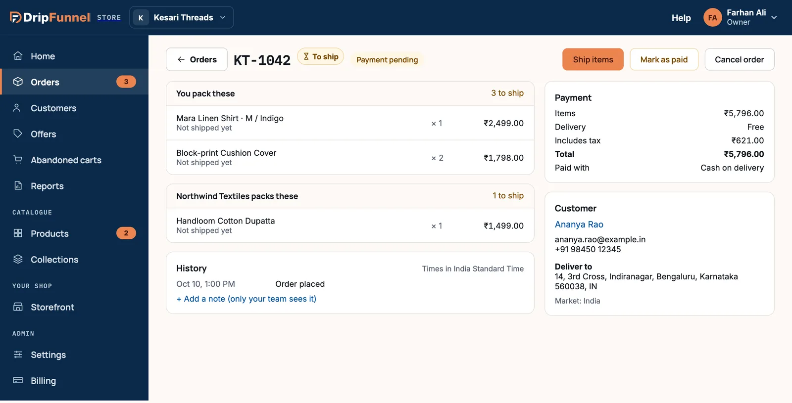 An order paid with Cash on delivery, marked To ship and Payment pending, with the buttons Ship items, Mark as paid and Cancel order.