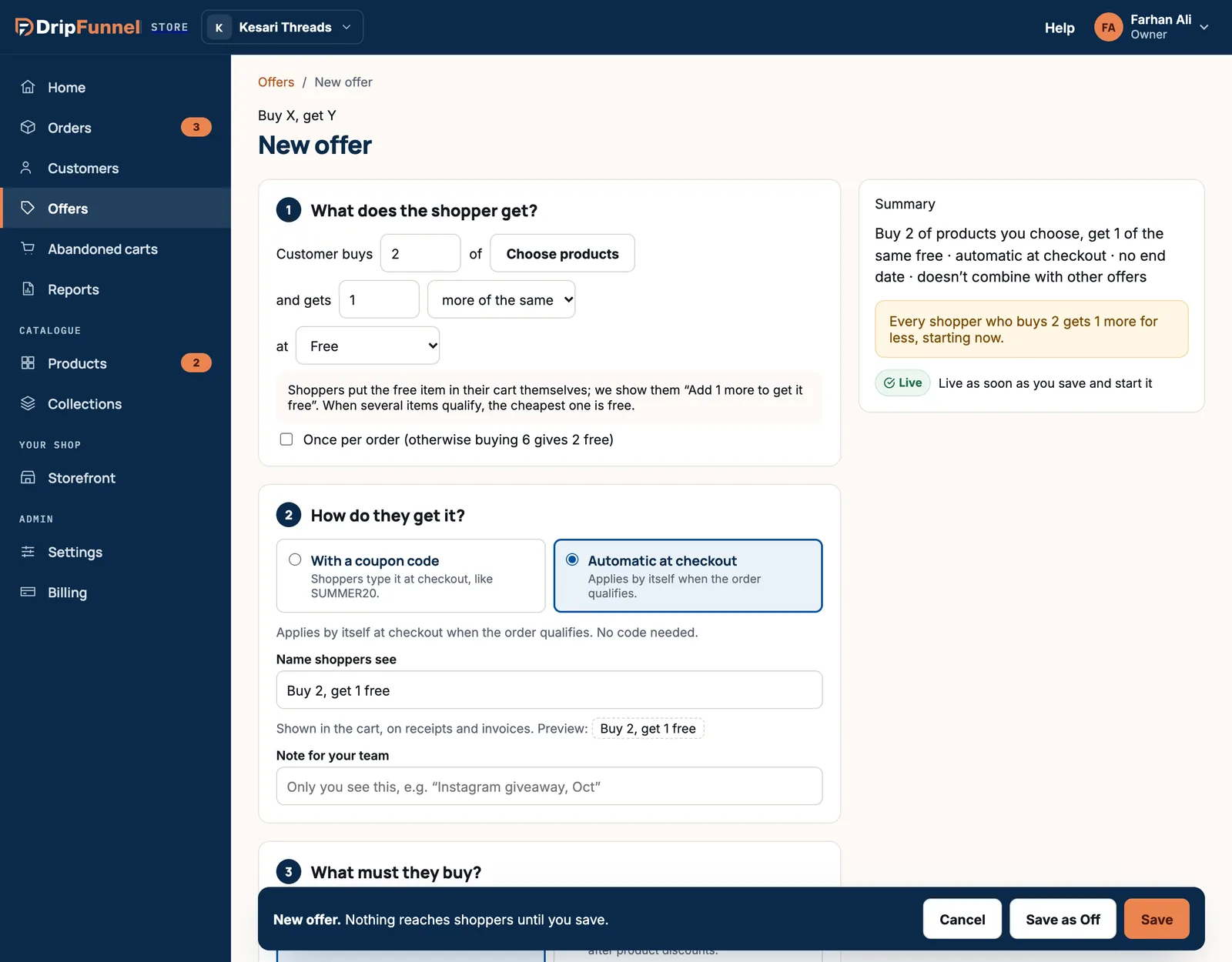 The Buy X, get Y form: Customer buys 2 of Choose products, and gets 1 more of the same, at Free, with a note that shoppers add the free item themselves and the cheapest qualifying item is free. Automatic at checkout is selected.