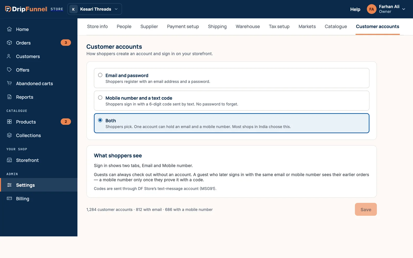 Settings, Customer accounts tab: three options, Email and password, Mobile number and a text code, and Both (selected, with the note Most shops in India choose this). Below, a What shoppers see box explaining sign-in and guest checkout, and a Save button.