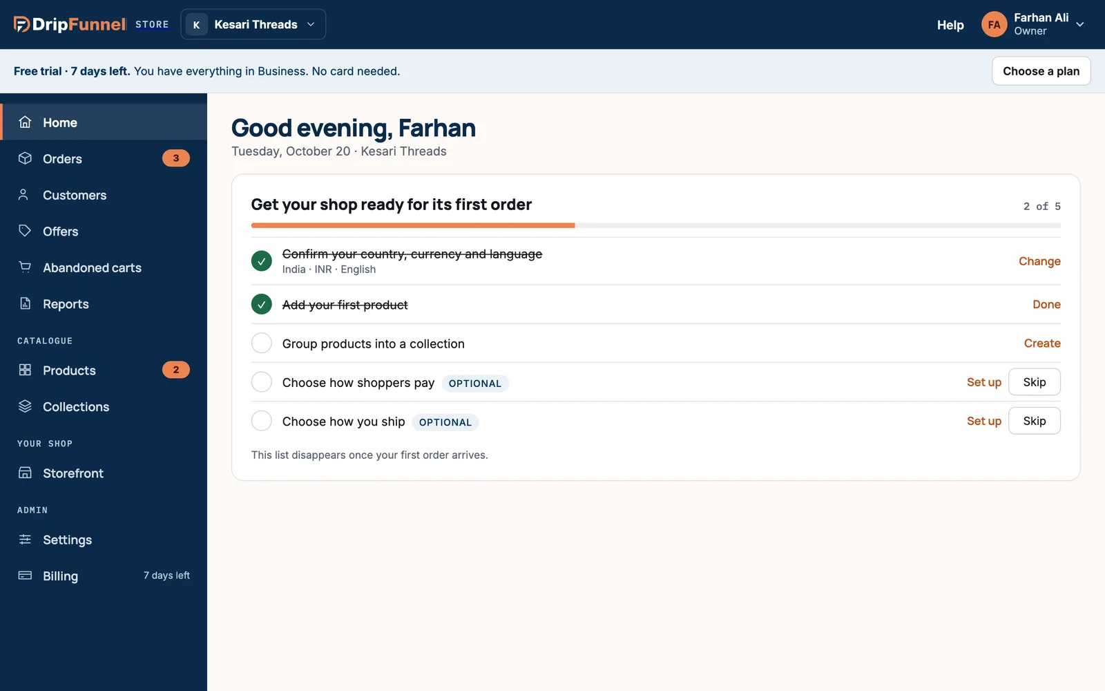 A blue banner at the top of the portal reading “Free trial · 7 days left. You have everything in Business. No card needed.” with a Choose a plan button; Billing in the side menu shows 7 days left.