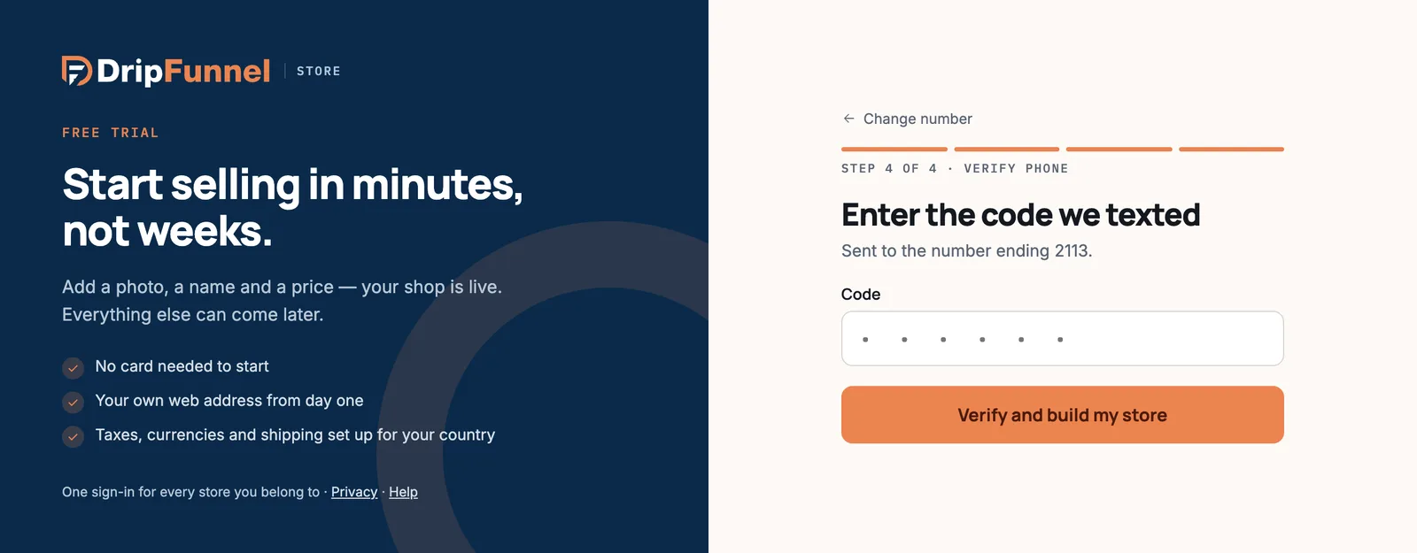 Step 4 of 4, “Enter the code we texted”: a Code field and the button Verify and build my store.