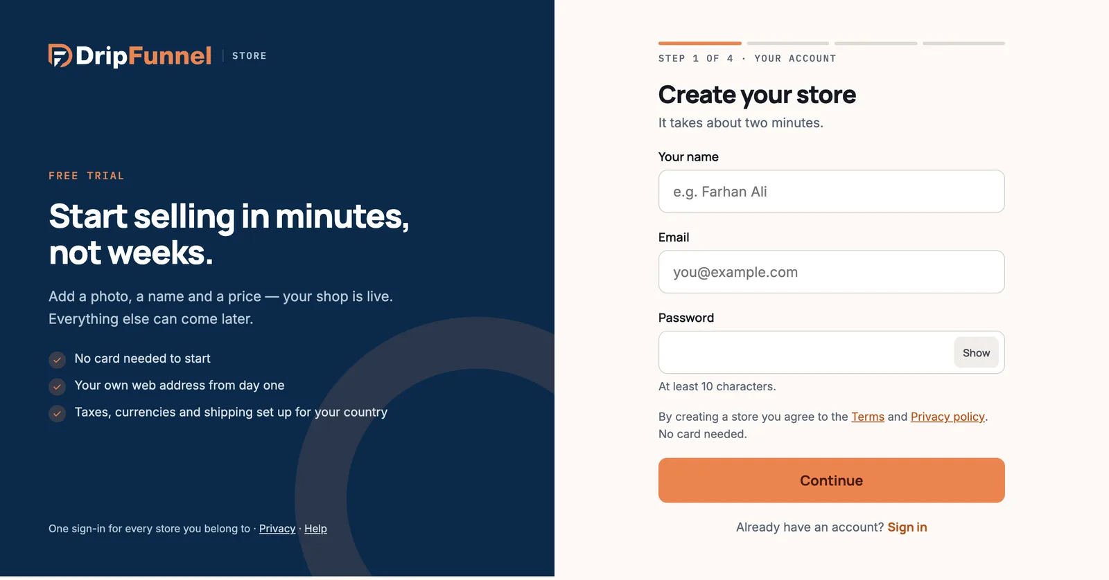 The “Create your store” form, step 1 of 4: fields for Your name, Email and Password, and an orange Continue button.