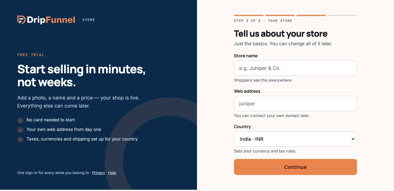 Step 3 of 4, “Tell us about your store”: fields for Store name, Web address and a Country menu showing India · INR.