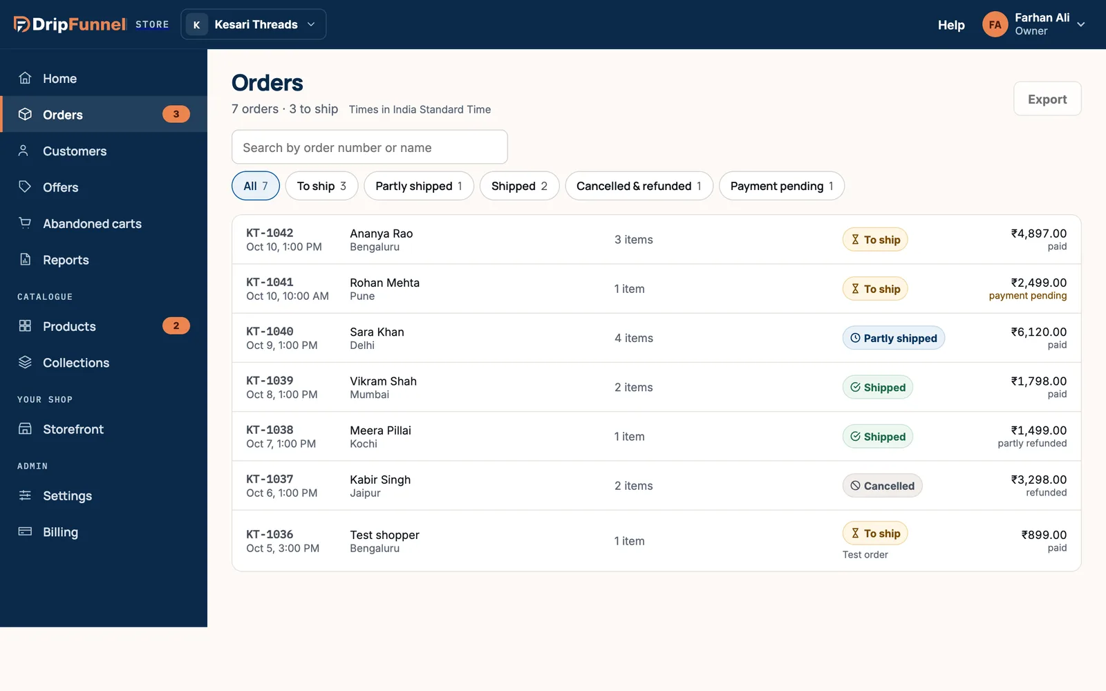 The Orders list showing seven orders; the last one, from “Test shopper”, has a Test order tag under its To ship status.