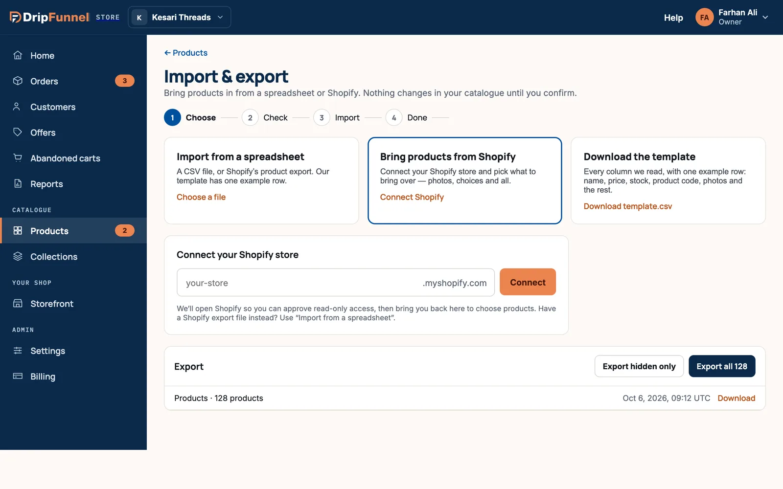 The Import & export page with Bring products from Shopify selected. A Connect your Shopify store box has an address field ending in .myshopify.com and a Connect button, with a note: “We’ll open Shopify so you can approve read-only access, then bring you back here to choose products.”