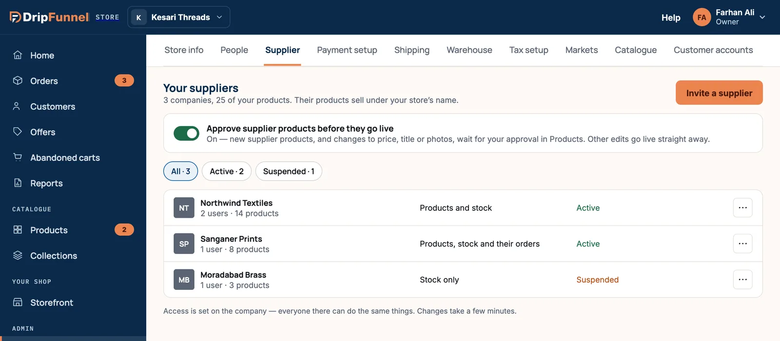 Settings, Supplier tab, titled Your suppliers. An approval switch is on. Below are three supplier companies with their number of users and products, access level and status, and an Invite a supplier button at the top right.