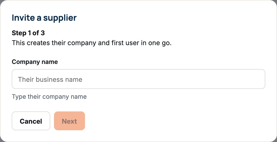 The Invite a supplier dialog, Step 1 of 3, asking for the company name with a Next button.