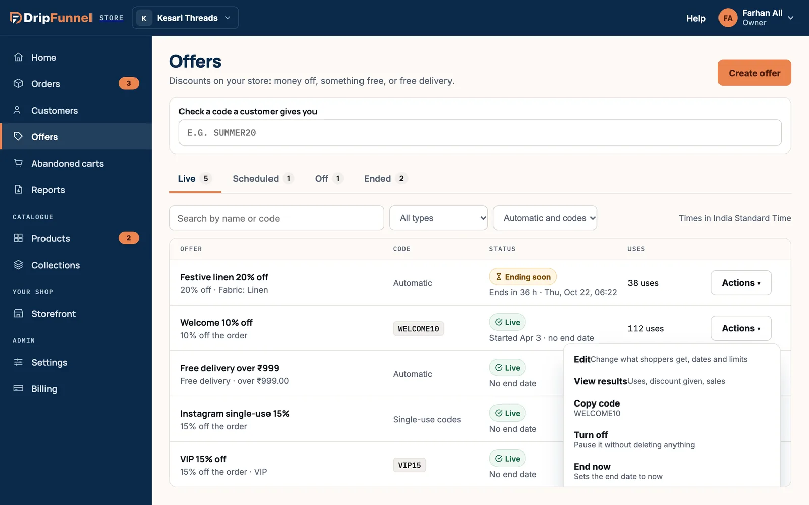 The Actions menu open on an offer, with Edit, View results, Copy code, Turn off and End now, each with a short explanation.