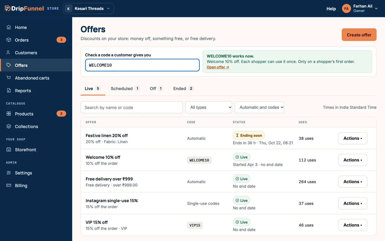 The code check box with WELCOME10 typed in, and a green answer: WELCOME10 works now. Welcome 10% off. Each shopper can use it once. Only on a shopper’s first order. Open offer.