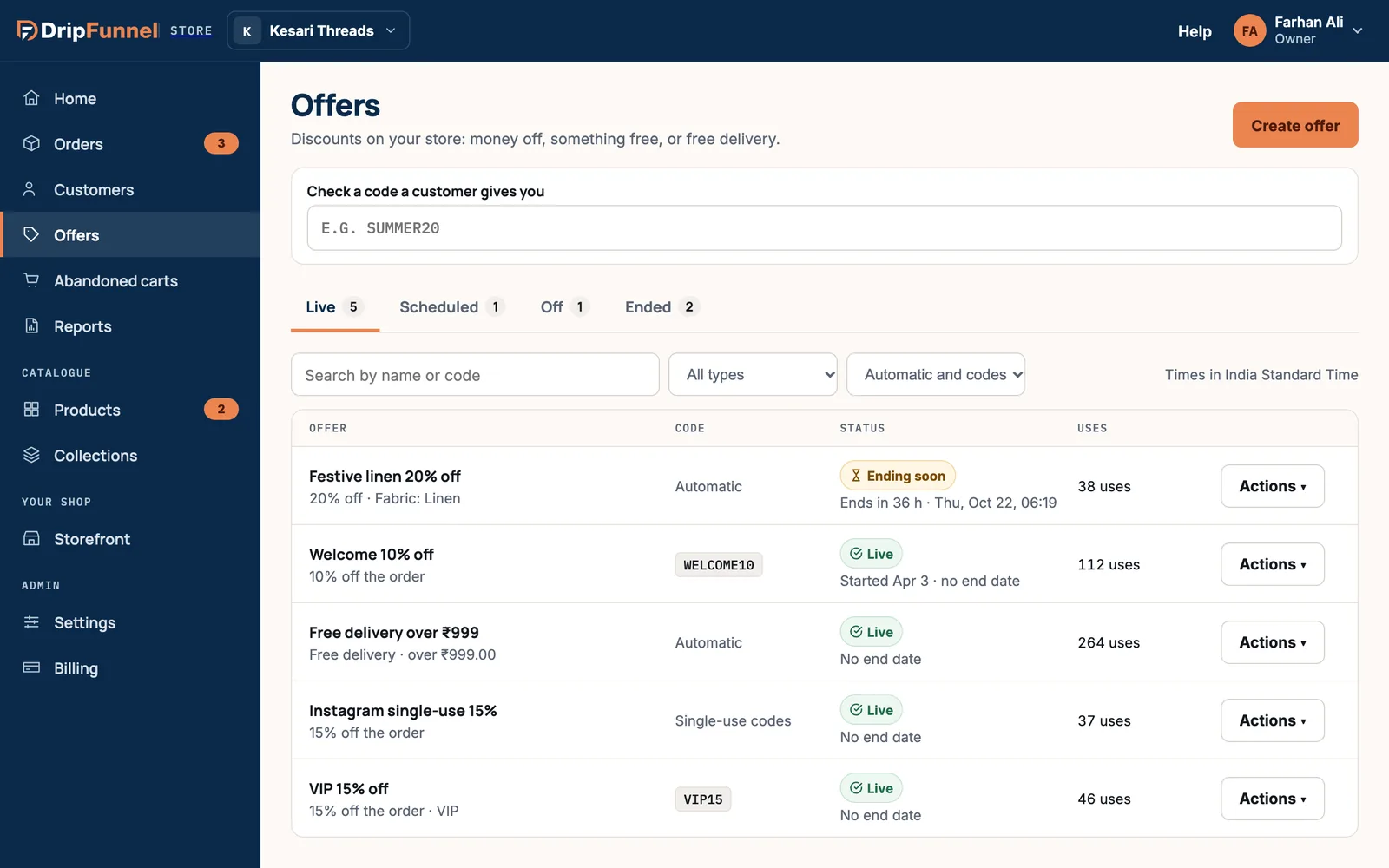 The Offers page: a Check a code a customer gives you box, tabs Live 5, Scheduled 1, Off 1 and Ended 2, search and filters, and a table of offers with their code, status, number of uses and an Actions button.