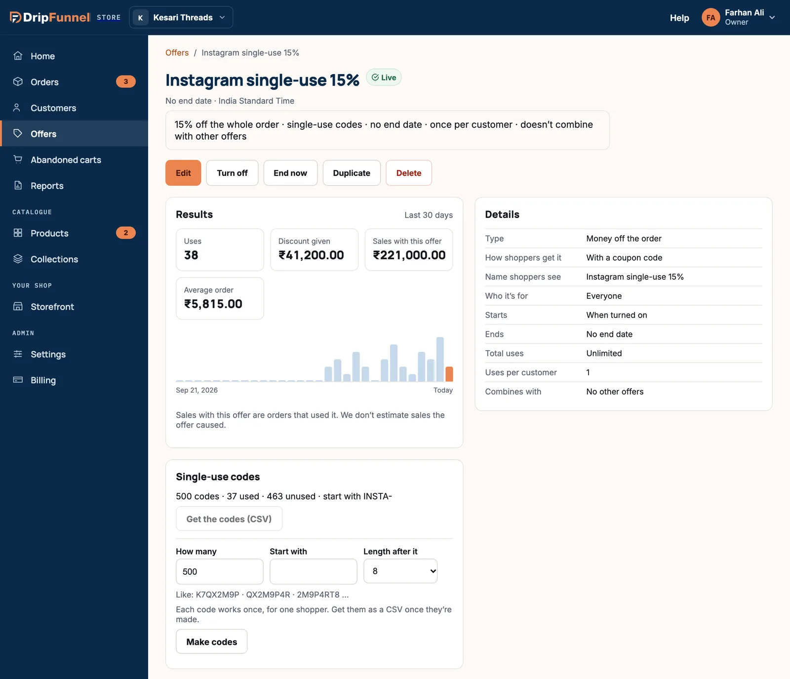 An offer page for Instagram single-use 15%, with a Single-use codes card: 500 codes, 37 used, 463 unused, start with INSTA-, a Get the codes (CSV) button, and fields to make more codes.