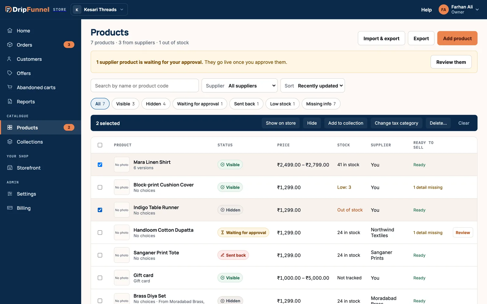 The Products list with two rows ticked. A dark bar above the table says “2 selected” and offers Show on store, Hide, Add to collection, Change tax category, Delete… and Clear.