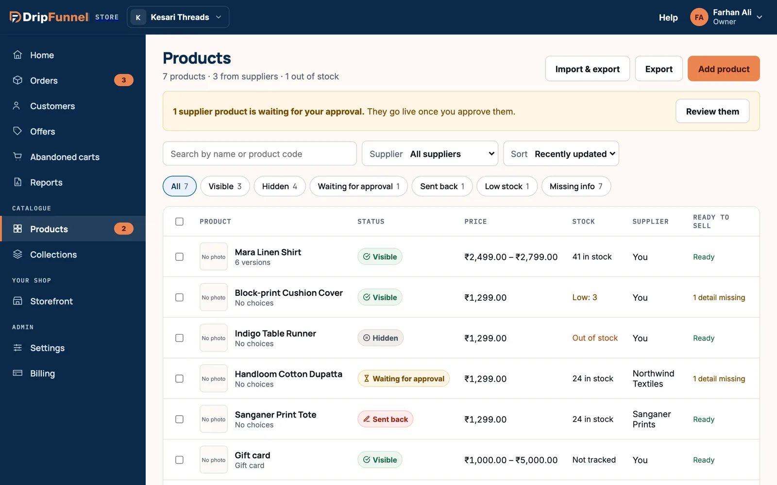The Products list with Import & export, Export and Add product buttons, a yellow banner saying one supplier product is waiting for approval, a search box, Supplier and Sort menus, filter chips (All, Visible, Hidden, Waiting for approval, Sent back, Low stock, Missing info) and a table of products with status, price, stock, supplier and ready-to-sell columns.