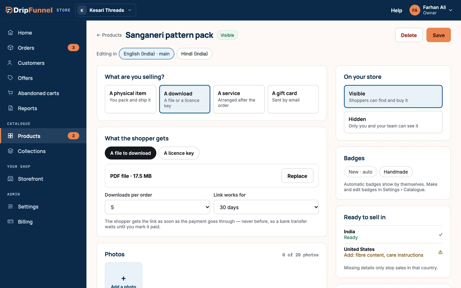 A product page with A download selected. Under What the shopper gets, A file to download is chosen, a PDF file of 17.5 MB is uploaded with a Replace button, Downloads per order is 5, and Link works for is 30 days.