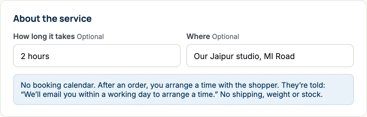 The About the service box with How long it takes: 2 hours and Where: Our Jaipur studio, MI Road. A note explains there is no booking calendar, and that shoppers are told “We’ll email you within a working day to arrange a time.”