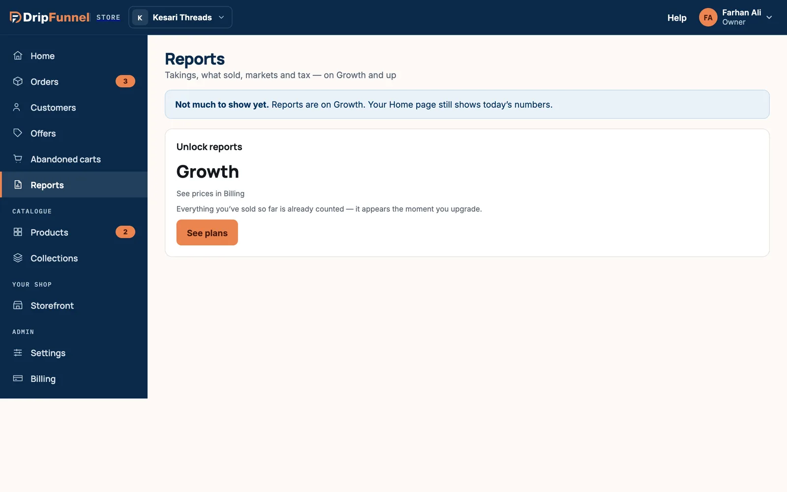 The Reports page on a plan without reports: Takings, what sold, markets and tax — on Growth and up, with an Unlock reports card naming Growth and a See plans button.