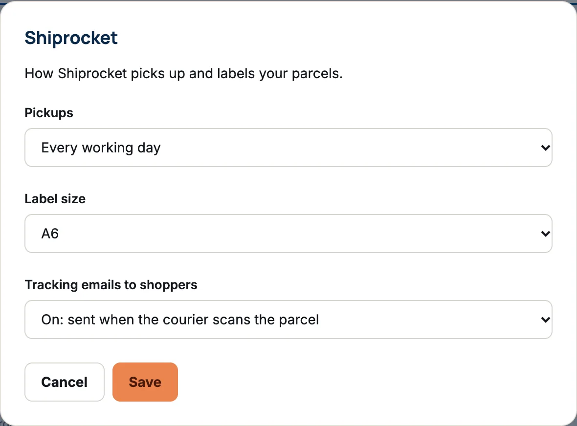 The Shiprocket settings window with Pickups set to Every working day, Label size A6, and Tracking emails to shoppers On.