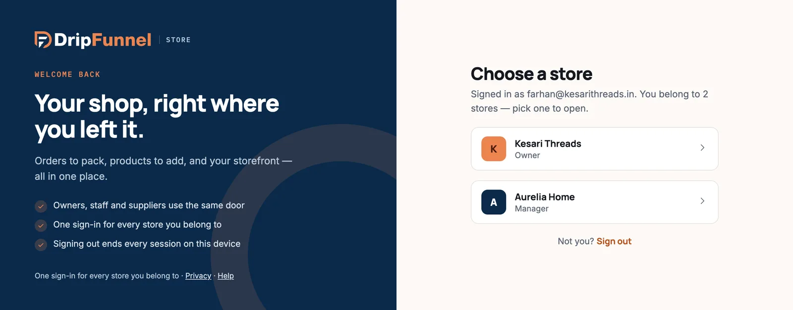 The Choose a store page listing two stores: Kesari Threads, where the person is Owner, and Aurelia Home, where they are Manager.