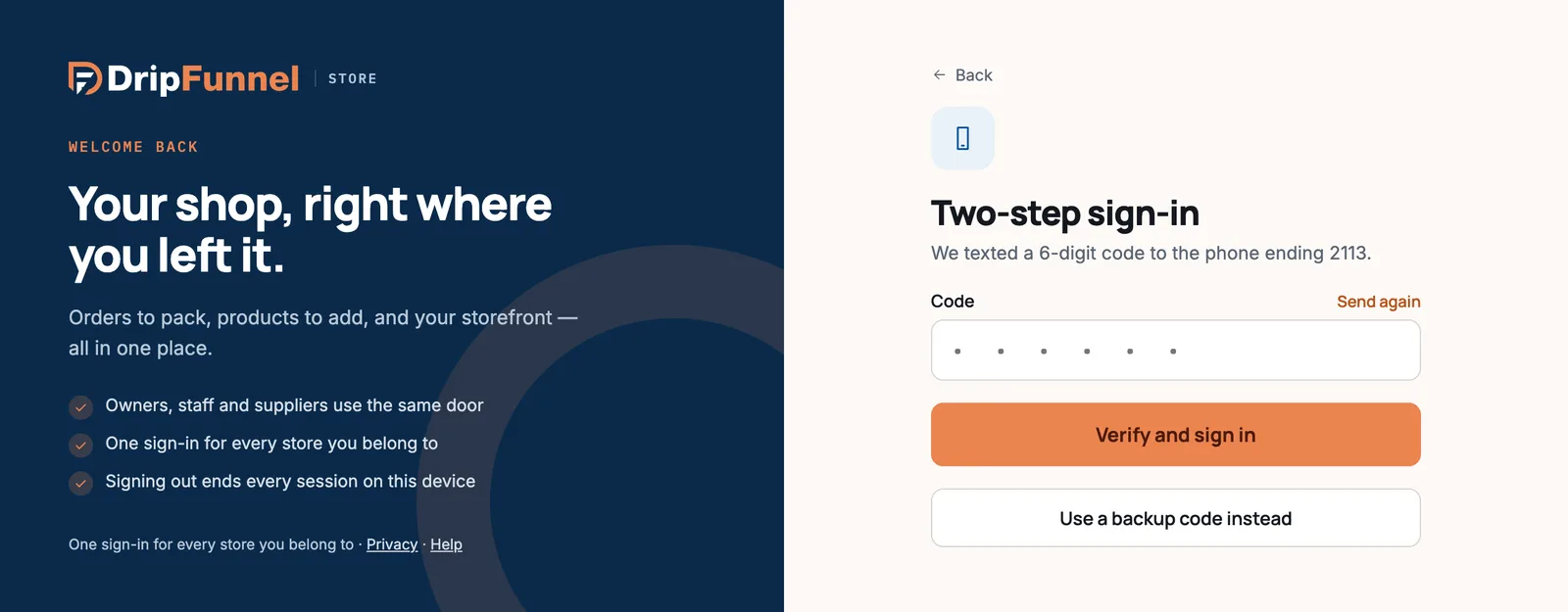 The Two-step sign-in page: “We texted a 6-digit code to the phone ending 2113”, a Code field with a Send again link, and buttons Verify and sign in and Use a backup code instead.