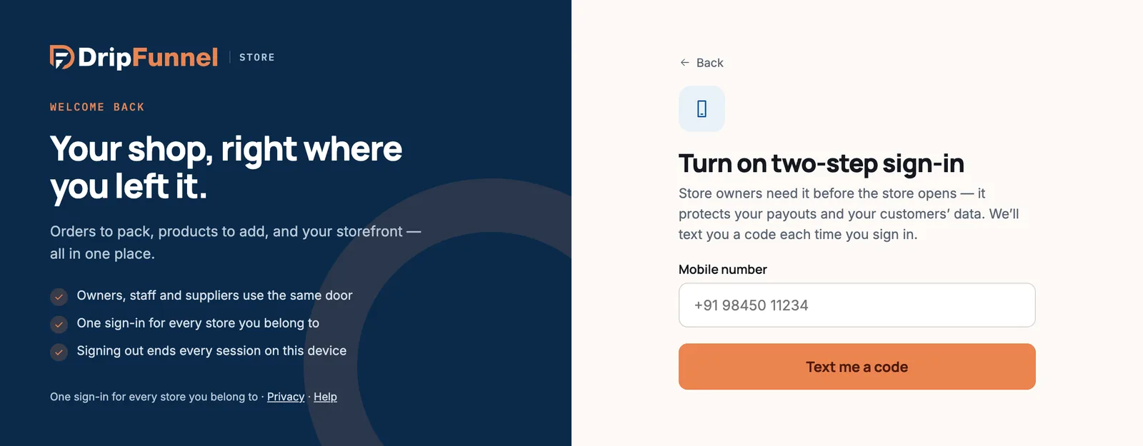 The Turn on two-step sign-in page for store owners, with a Mobile number field and a Text me a code button.