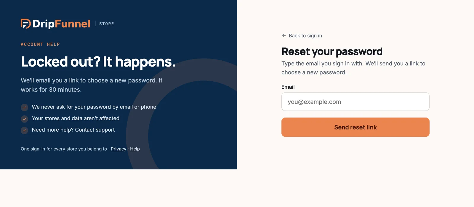 The Reset your password page with an Email field and a Send reset link button.