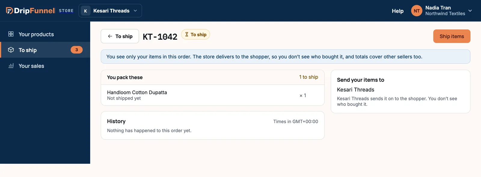 A supplier’s view of order KT-1042. A note says you see only your items and the store delivers to the shopper. A card titled You pack these lists one item not shipped yet, a side card says Send your items to Kesari Threads, and there is a Ship items button.