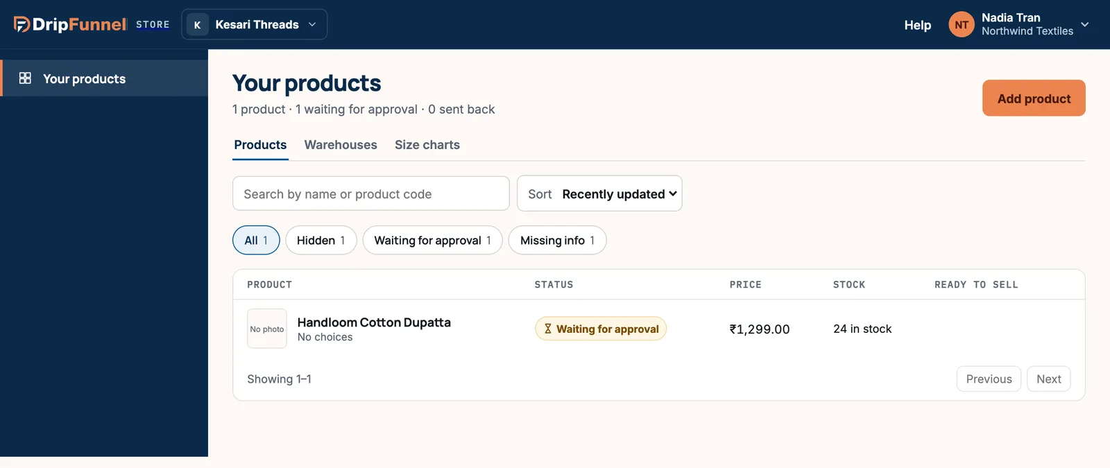 The supplier’s Your products page, signed in as Nadia Tran from Northwind Textiles. Tabs for Products, Warehouses and Size charts, and one product marked Waiting for approval, with an Add product button.