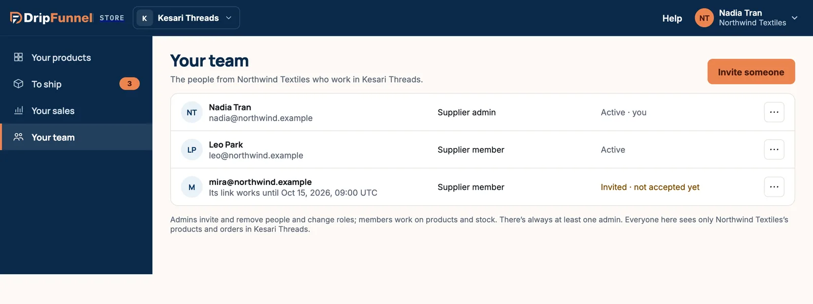 The Your team page for Northwind Textiles with a Supplier admin marked Active · you, a Supplier member marked Active, and an invited member marked Invited · not accepted yet.
