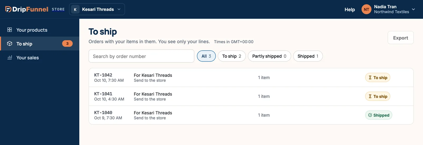 The supplier’s To ship page listing three orders, each For Kesari Threads with the note Send to the store, two marked To ship and one Shipped.