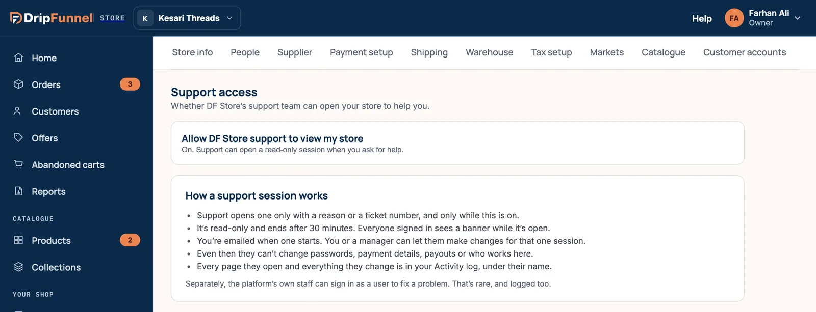 Settings, Support access tab. A card with the switch Allow support to view my store, set to On, and a card titled How a support session works with five points.