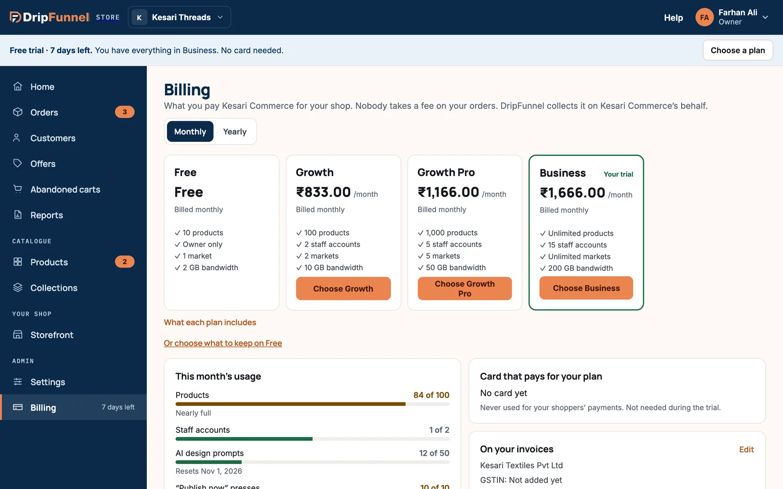 The Billing page during a trial: plan cards for Free, Growth, Growth Pro and Business, with Choose buttons, and Business marked “Your trial”.